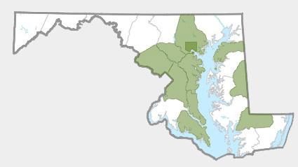 Reported distribution of Chinese Wisteria in Maryland. Courtesy Maryland Biodiversity Project.