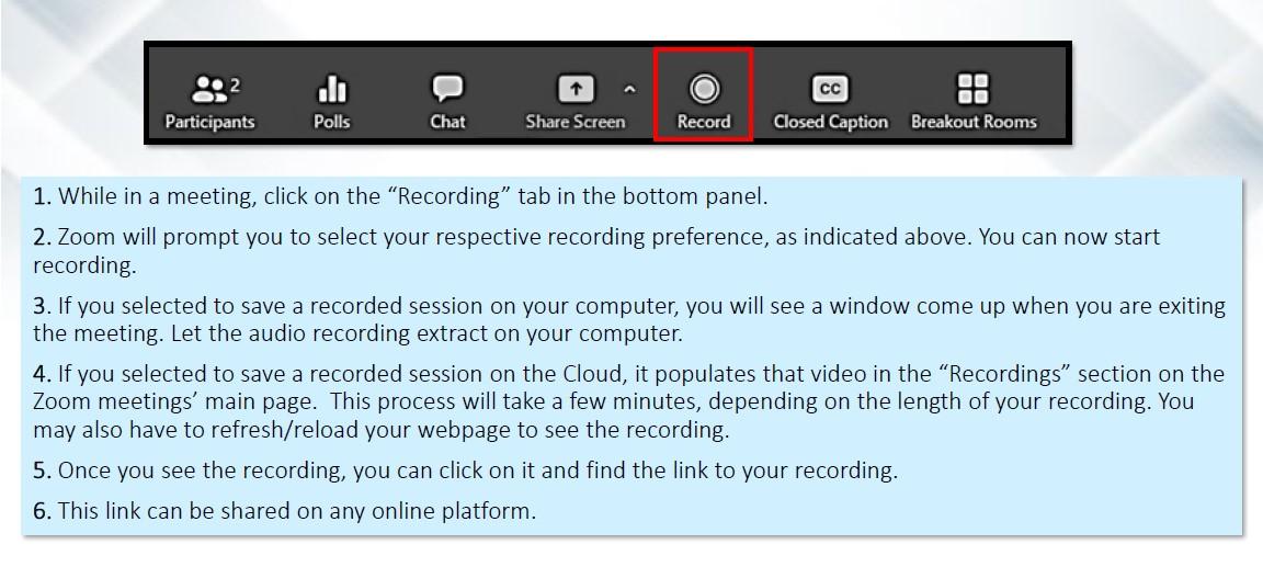 A diagram how to record your Zoom session.