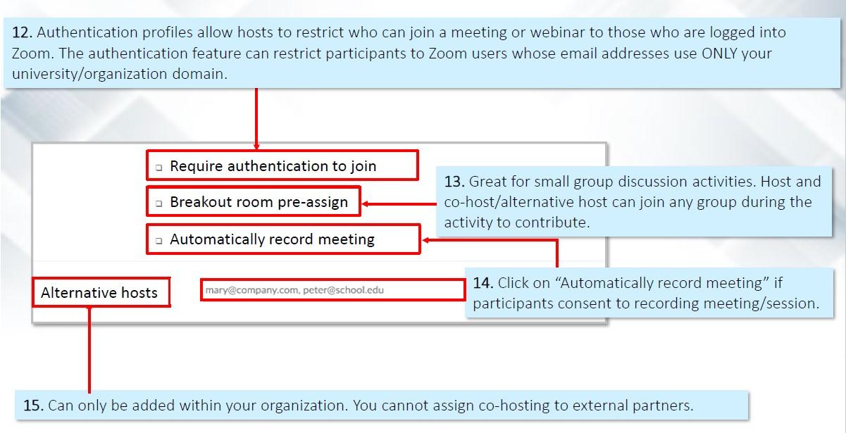 A diagram that provides further explanation on how to use the meeting settings.