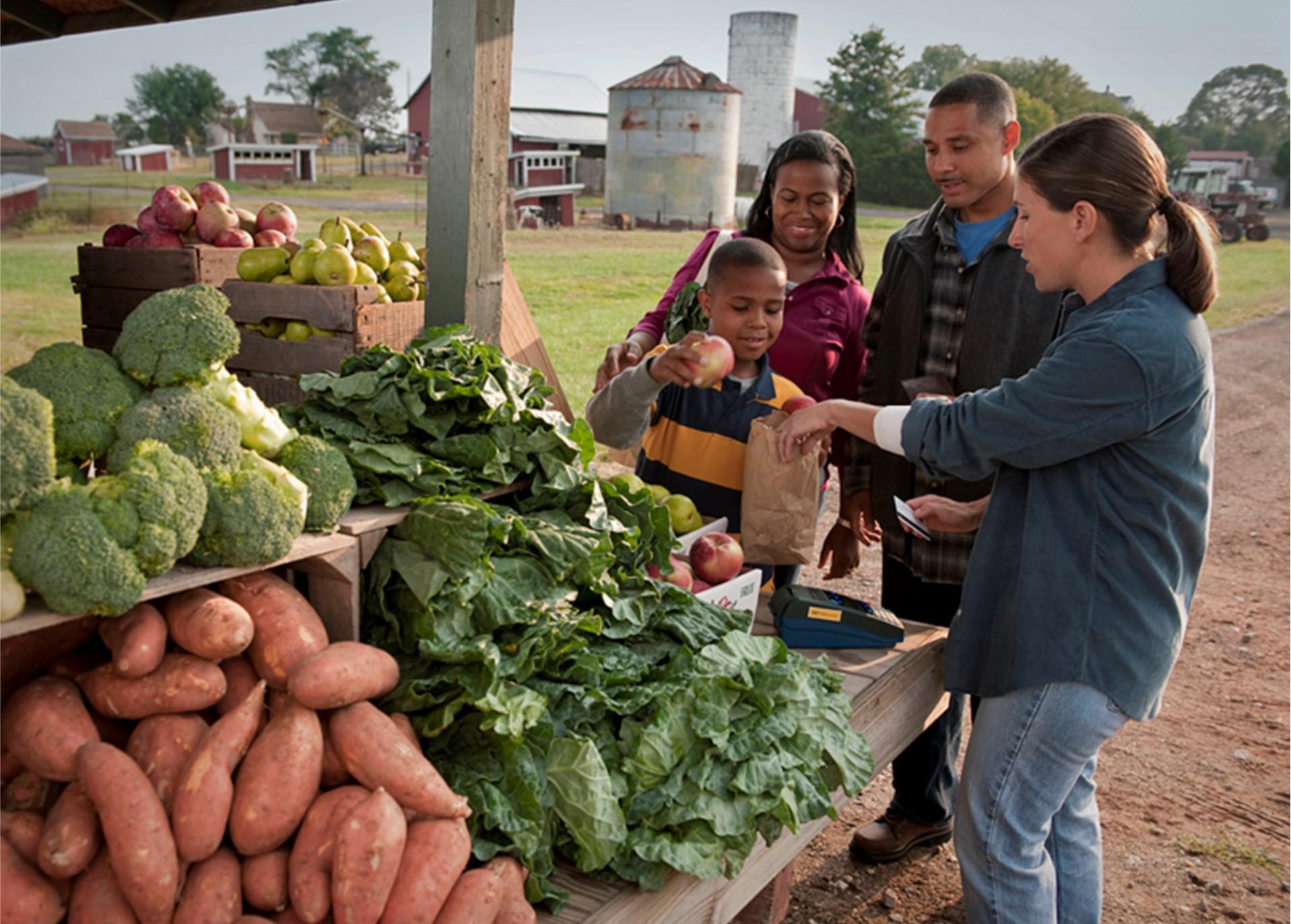 Family purchasing vegetables at farm stand