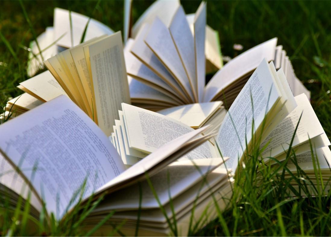 Open books laying in the grass