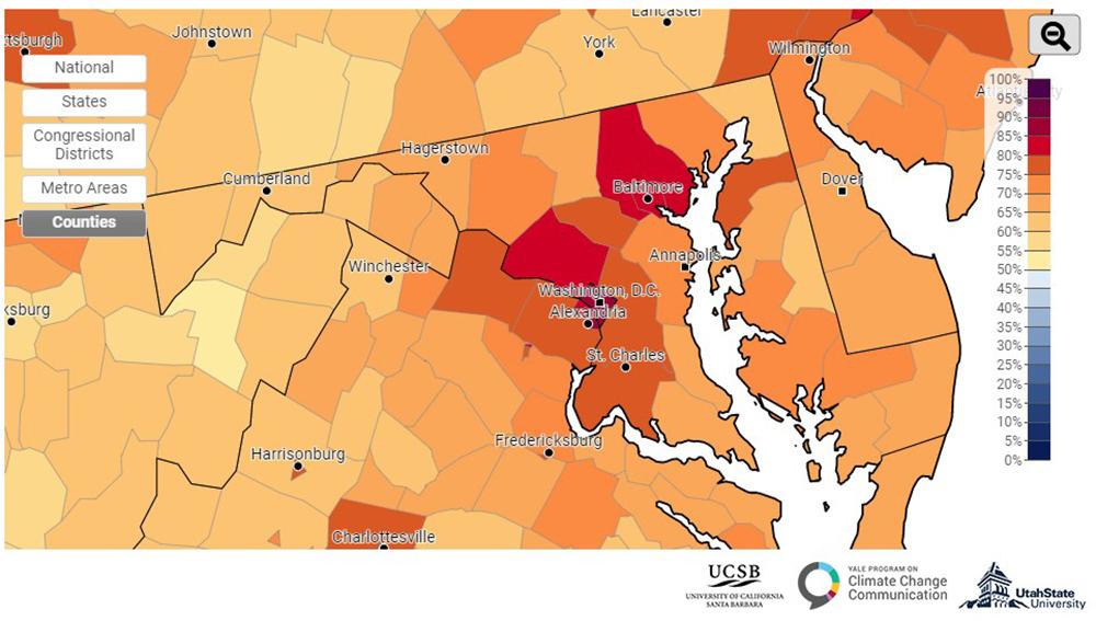 Yale climate opinion maps 2020 showing the estimated percentage of adults worried about global warming in Maryland counties