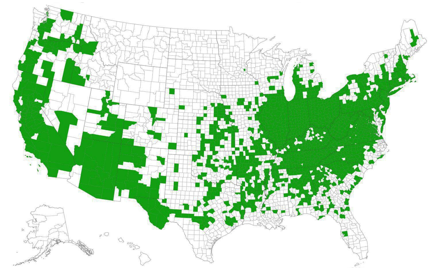 Tree-of-heaven county distribution map. Courtesy eddmaps.org