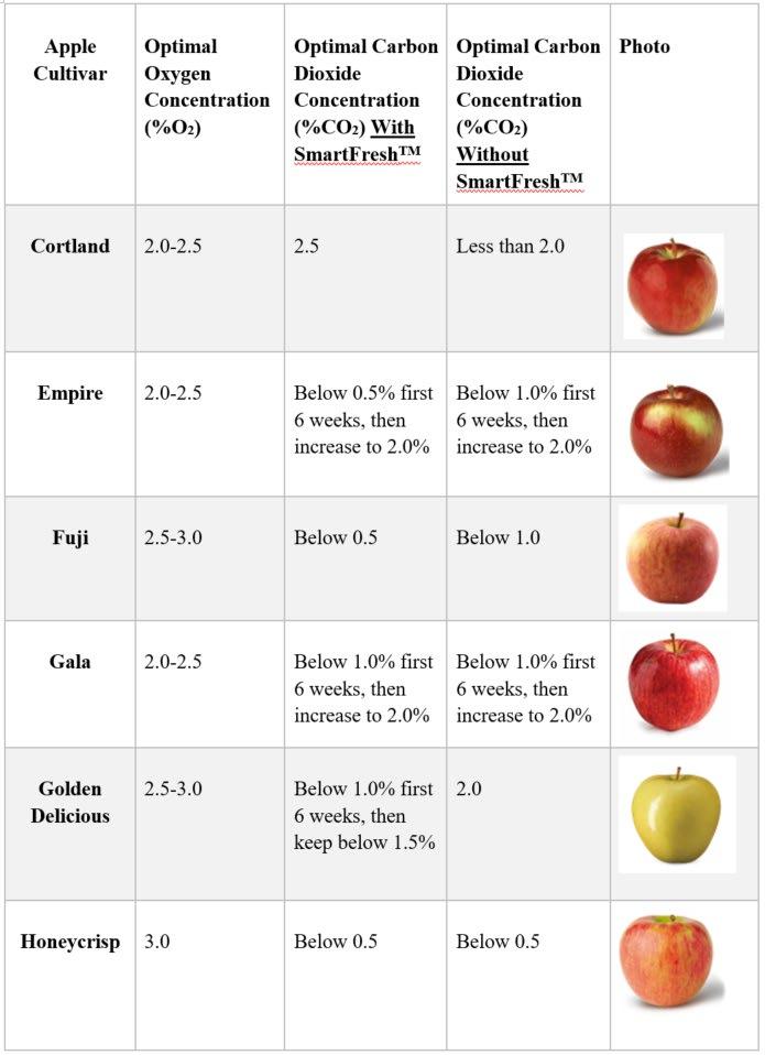 Table 1. CA Storage conditions of various apple cultivars, with and without treatment of SmartFreshTM. (Source: AgroFresh Solutions, Inc, Controlled Atmosphere Storage and Ethylene Interactions.)