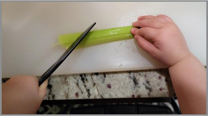 Celery on a plastic cutting board so the rounded stalk faces upwards, so the stalk does not rock when being chopped. Youth is holding the knife in their dominant hand, and their other hand is a way from the knife, and holding the celery steady.