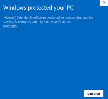 Windows message dialog box "Windows protected your PC"
