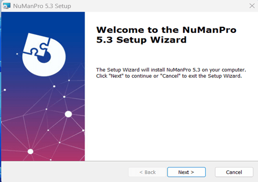 Welcome NuManPro 5.3 setup wizard dialog box