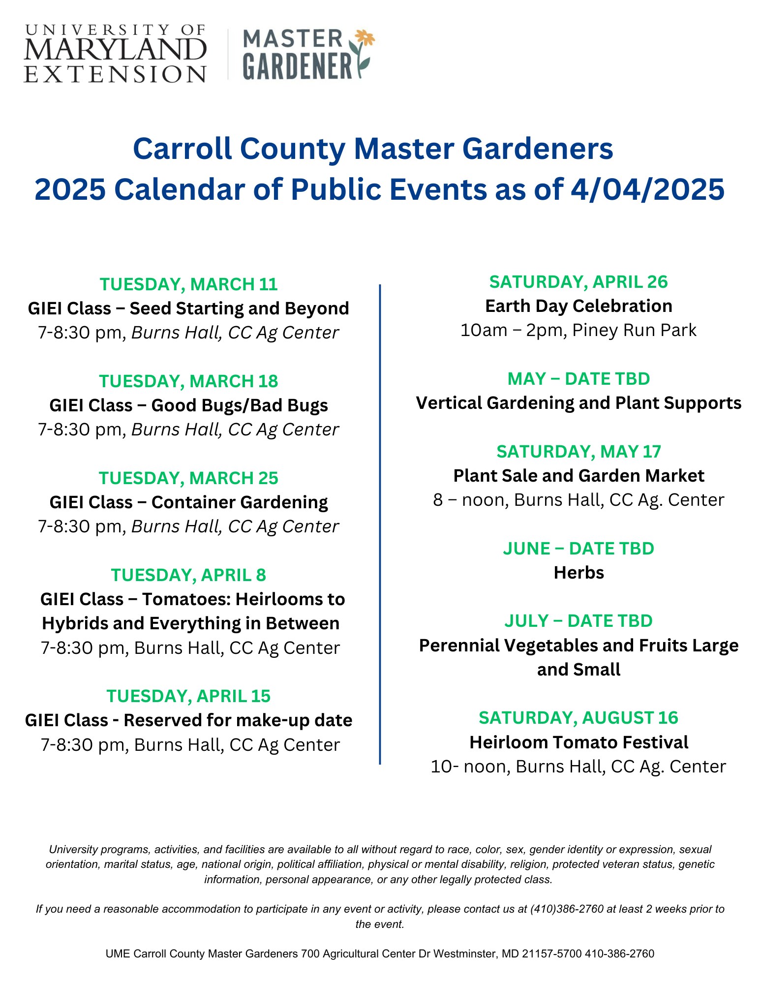 Carroll County Master Gardener 2025 Calendar of Public Events 