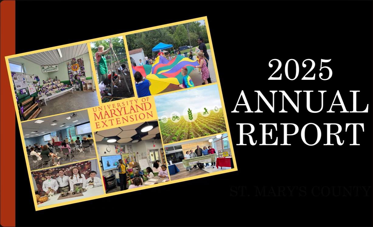 Black background with collage of St. Mary's County program pictures around a red UME logo with 2025 Annual Report in white font to the right.