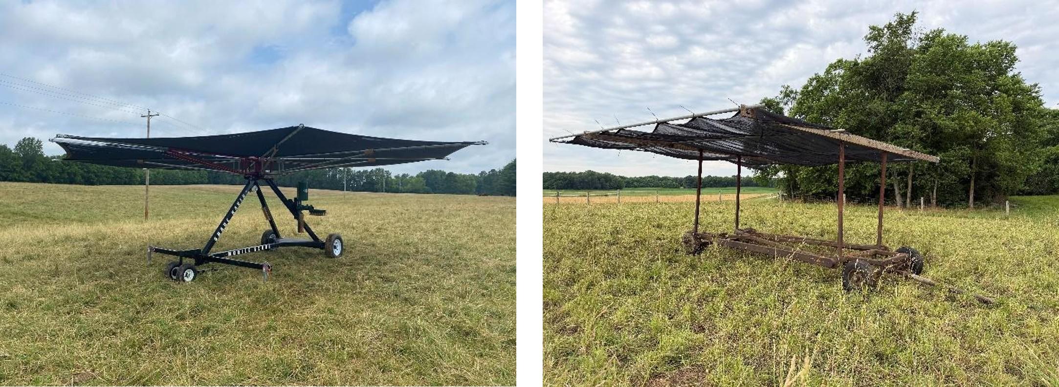 Two examples of movable livestock shade structures in a pasture: a modern wheeled shade canopy on the left and a metal-framed shade shelter on wheels on the right, both positioned in open grassland fields.