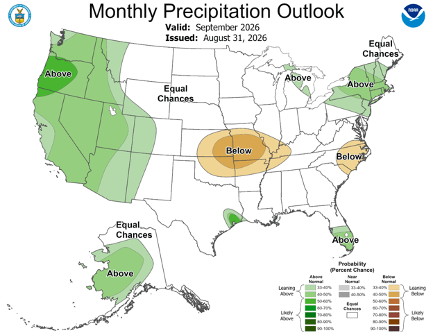 NOAA September 2026 precipitation outlook map showing increased chances of above-normal precipitation across parts of the West, Northeast, Florida, and Alaska; below-normal precipitation across portions of the south-central and southeastern United States; and equal chances elsewhere.