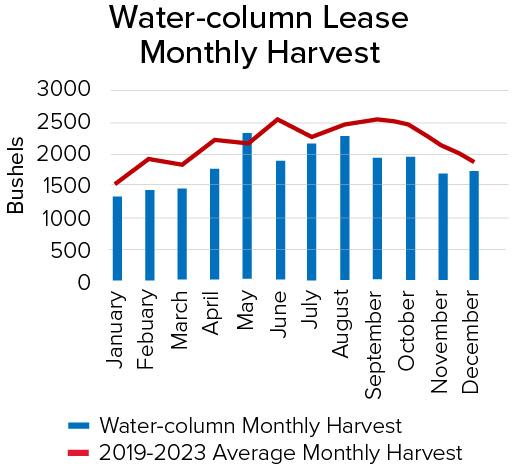  Bar and line chart showing monthly water-column oyster harvests in bushels. Harvest levels generally increase from winter through spring, remain relatively high during summer and early fall, and decline toward winter. Blue bars represent monthly harvests, and the red line represents the 2019-2023 monthly average.