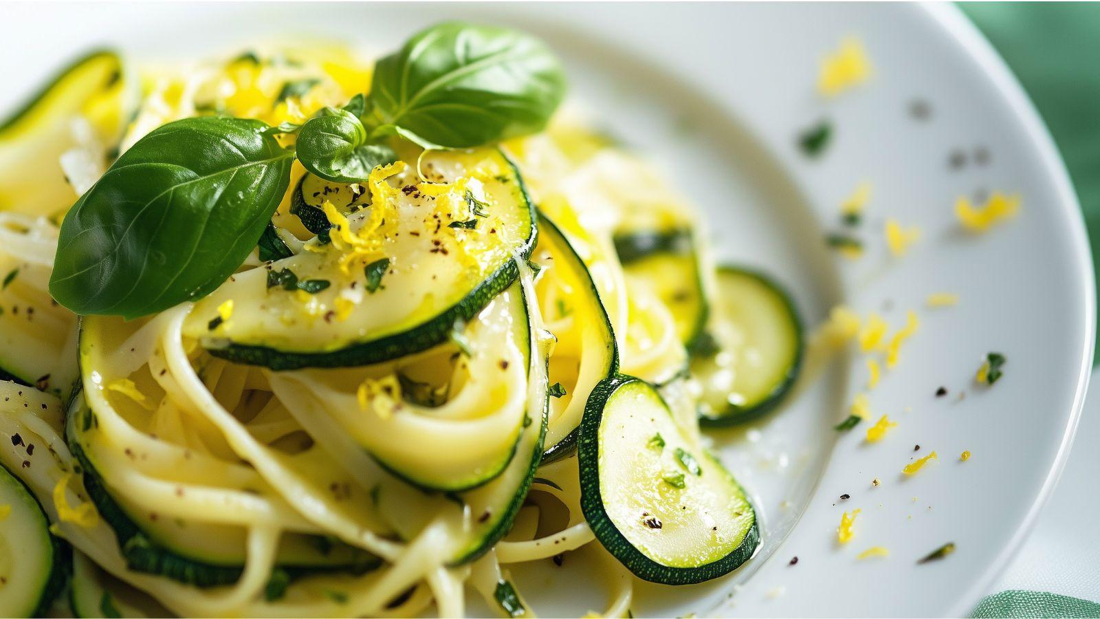 Sliced zucchini on top of spaghetti pasta on a white plate with basil on top