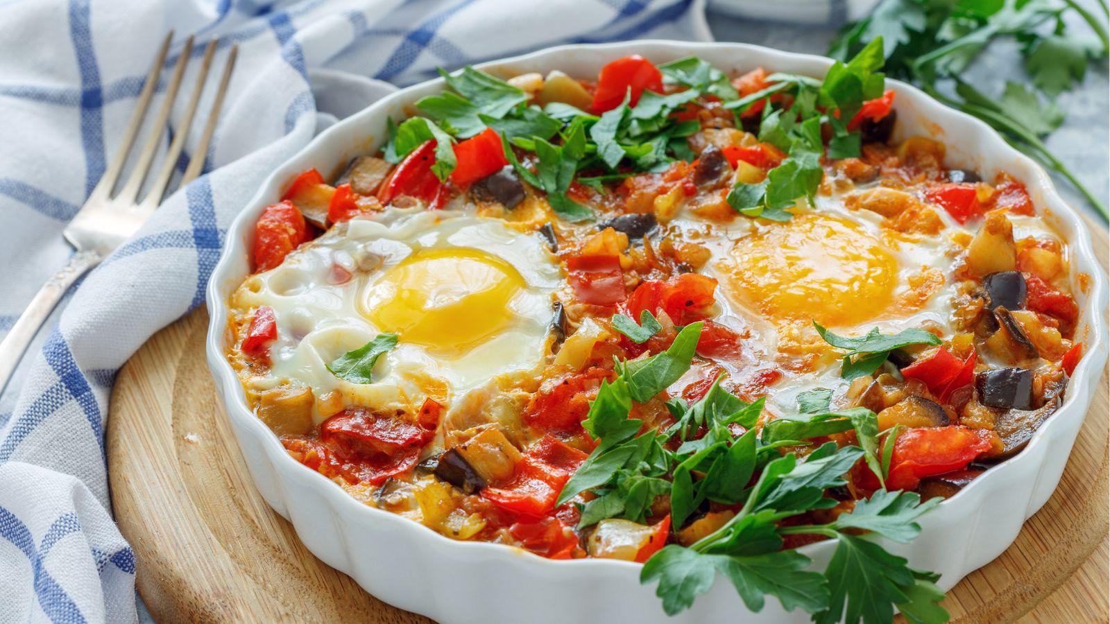 White bowl filled with shakshuka sitting on a board next to a plate and napkin