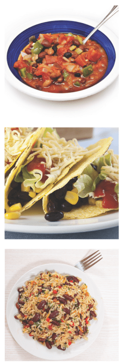 Three photos on how to use beans - a bowl of chili at the top, bean tacos in the middle, and rice and beans at the bottom.