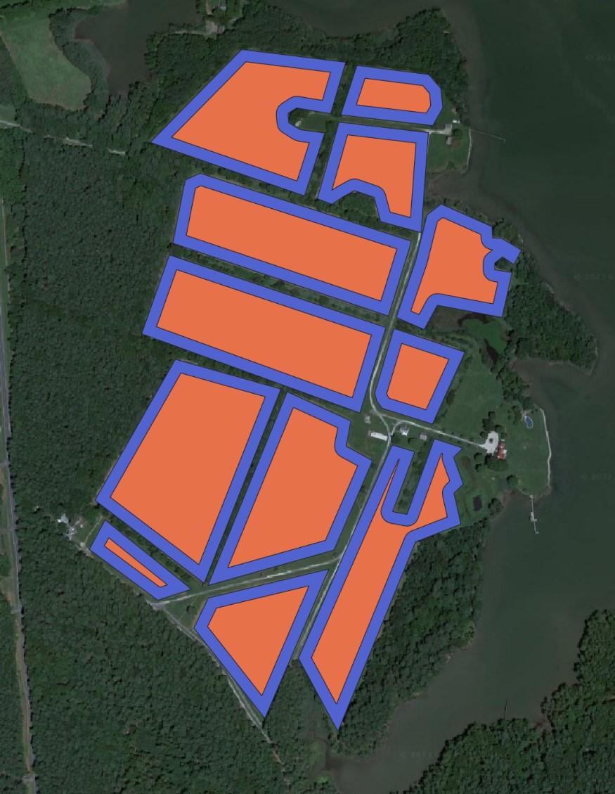 Disking in January or February around field perimeters (blue areas) can create forb-dominated areas for bobwhite chick brood-rearing and serve as firebreaks for scheduled field burning every 2-3 years in March or April.