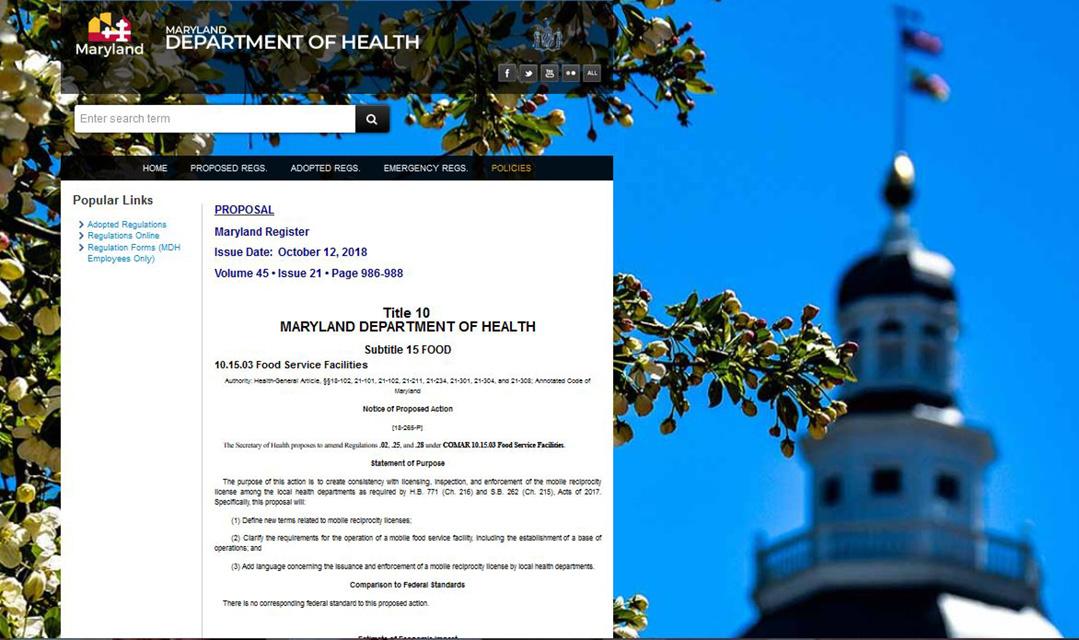 Maryland Department of Health webpage of Title 10
