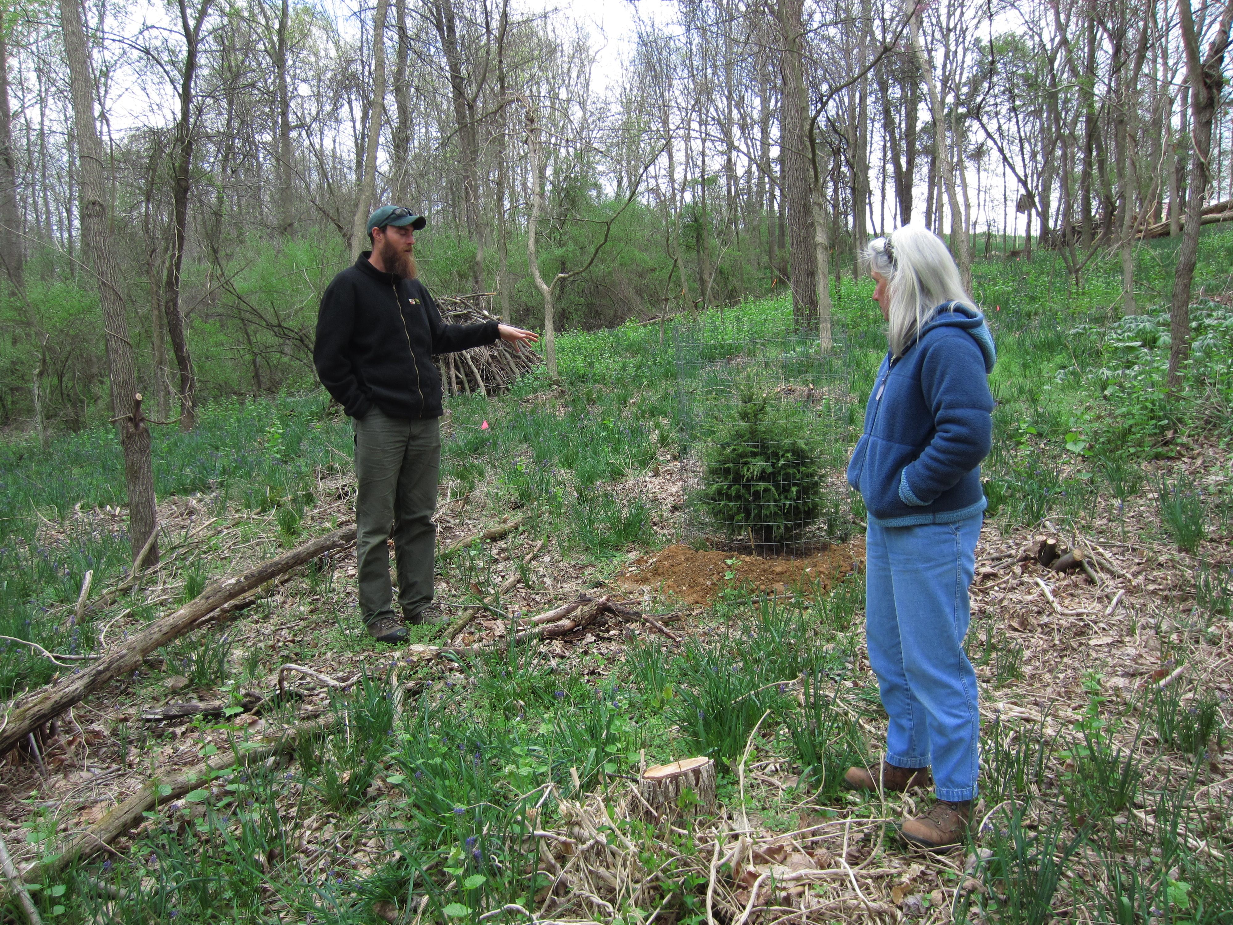 A Maryland county forester talks with a landowner