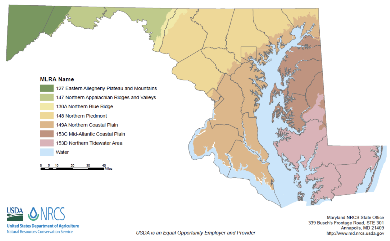 Map of Maryland with colors ranging from green to red representing the Maryland soil regions
