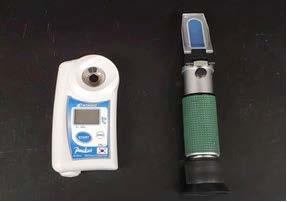 Figure 5. A hand-held manual refractometer (right) and digital refractometer (left) for measuring soluble solids contents of extracted peach juice sample. Source: Dr. Macarena Farcuh, University of Maryland.