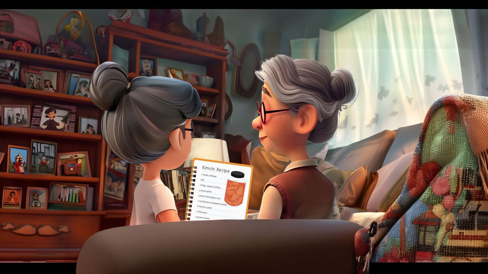 A grandmother and granddaughter looking over a recipe for kimchi.