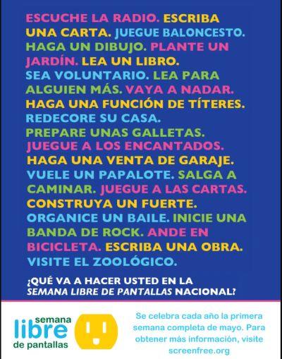 Ideas to do instead of watching a screen.  A large list of activities in Spanish.