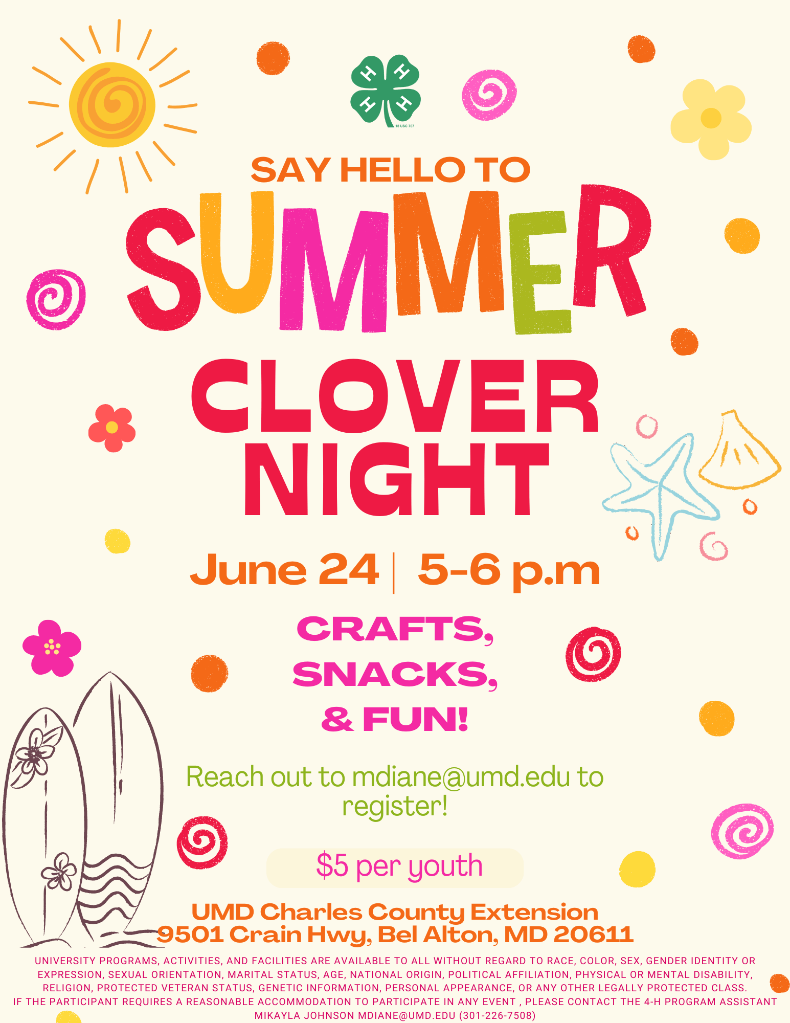 Flyer for Charles County 4-H Clover Night on June 24, 2024
