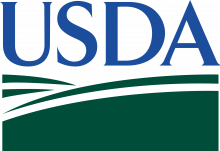 USDA printed in blue letters about green hills