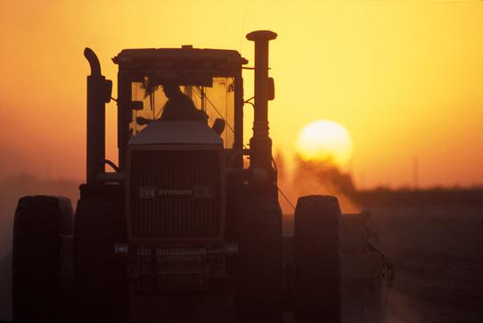 A farmer driving his tractor at sunset. 