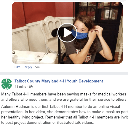 Talbot County 4-H post that reads: Many Talbot 4-H members have been sewing masks for medical workers and others who need them, and we are grateful for their service to others. Autumn Redman is our first Talbot 4-H member to do an online visual presentation. In her video, she demonstrates how to make a mask as part of her healthy living project. Remember that all Talbot 4-H members are invited to post project demonstration or illustrated talk videos. 