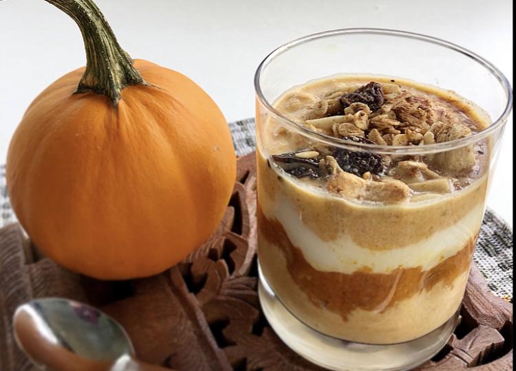 Image of pumpkin parfait recipe along with a pumpkin 