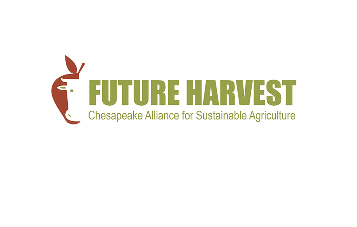 Logo with a cow shaped head overtop of a red apple for Future Harvest Chesapeake Alliance for Sustainable Agriculture