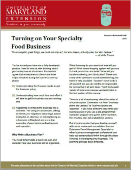 Cover picture of Turning on Your Specialty Food Business EB 406