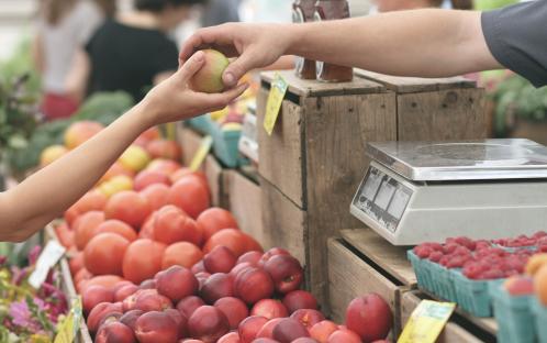 Customer purchasing an apple at a farmer's market 