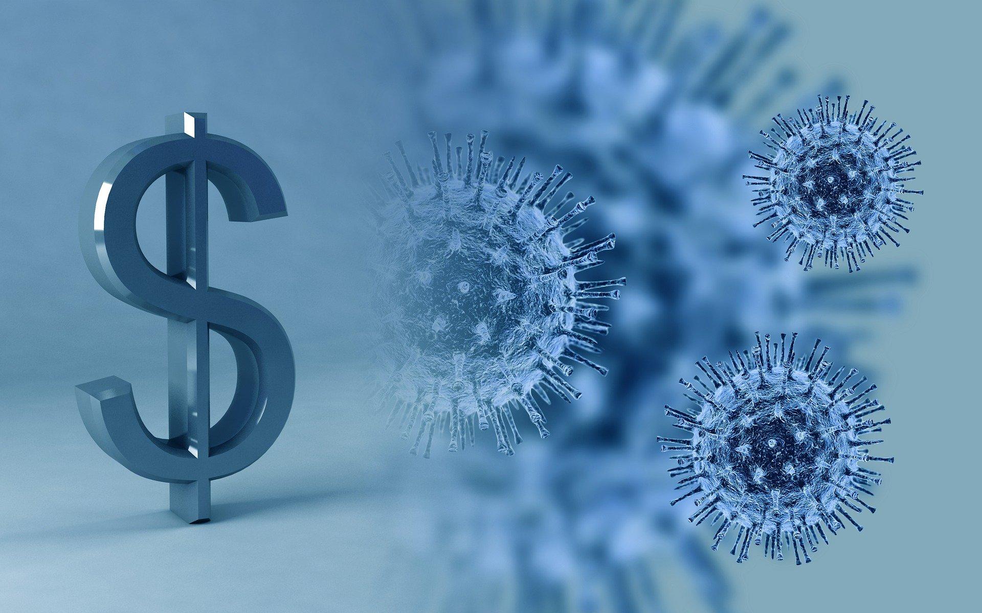 COVID-19 virus and a dollar sign.