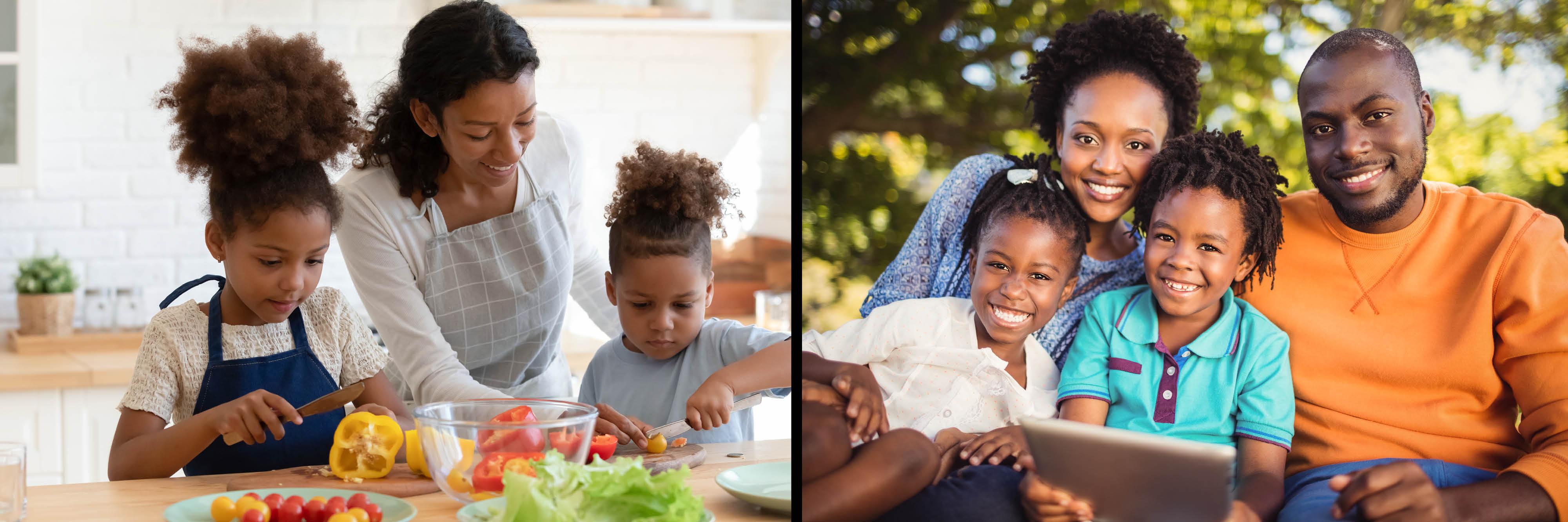 An African American mother preparing a meal with two daughters on the left, an African American family holding an Ipad on the right.  (**copyright/LW)
