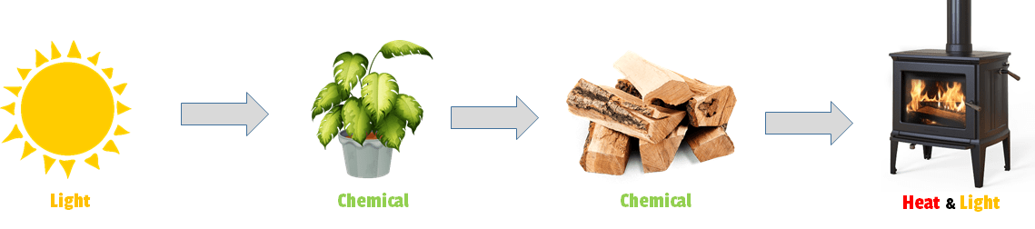 Energy conversion diagram from sunlight to plants to biomass to wood stove