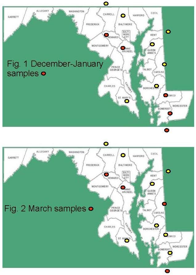 Figures 1 and 2 show the 12 sample sites (yellow dots) in Maryland, Pennsylvania