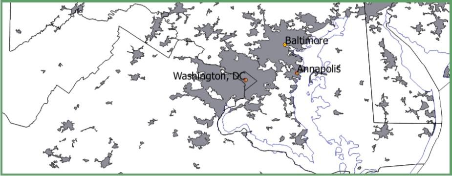 Map of urbanized areas in Maryland, as defined by the U.S. Census Bureau