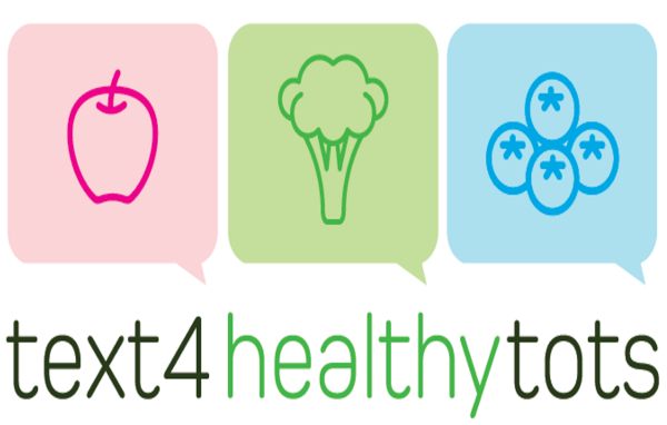 Text4HealthyTots logo that includes 3 boxes - a light pink box with an apple, a green box with a broccoli, and blue box with blueberries.