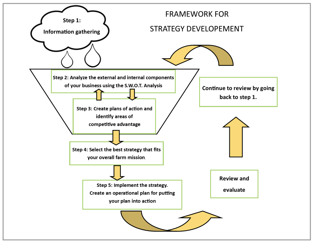 Framework for strategy development with the five steps listed, review and evaluate, and continue to reviews by going back to step 1