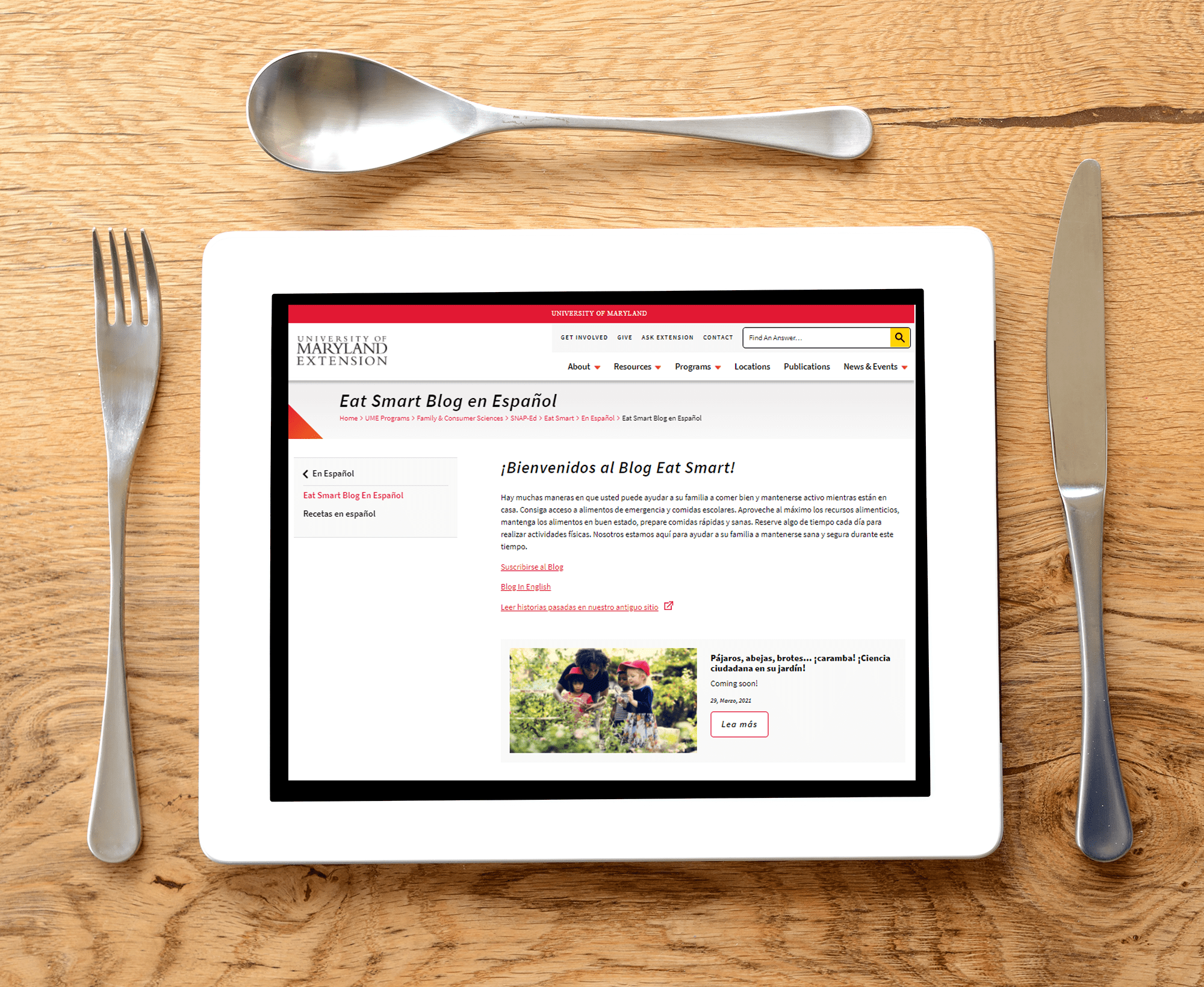 Ipad with the Spanish page embedded.  A fork on the left side, a spoon on the top and a knife on the right side.