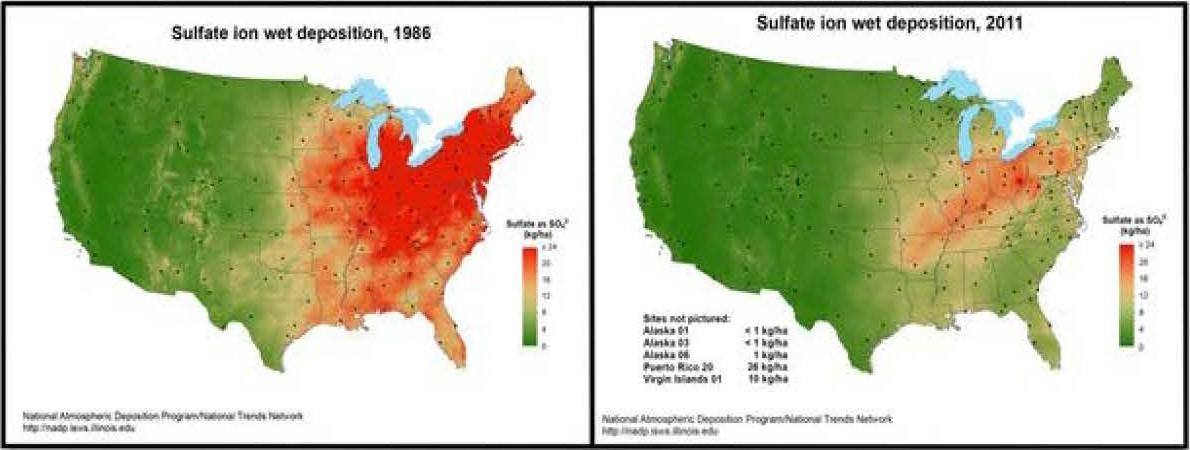 Amount of sulfate deposited in soil from rainwater in 1986 vs. 2011.