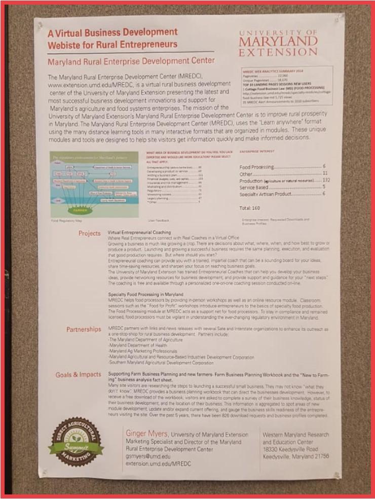 Maryland Rural Enterprise Development Center poster displayed at the 2019 USDA Direct Marketing Summit