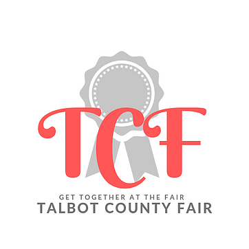 Get together at the fair, talbot county fair logo with a gray award ribbon and coral text that reads T C F