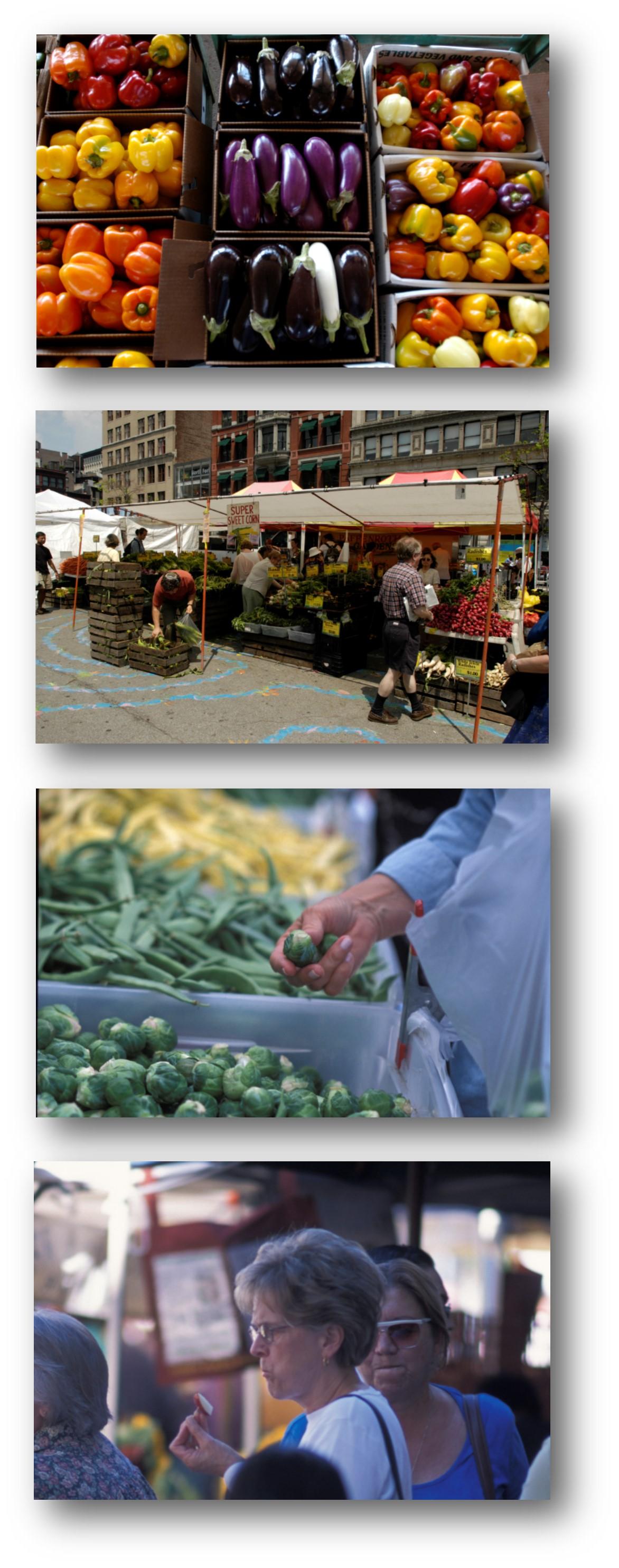 A collage of pictures (egg plant and peppers, farmers' market, brussel sprouts, customer eating sample)