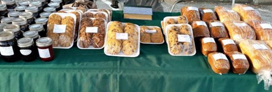 Baked goods displayed on a table