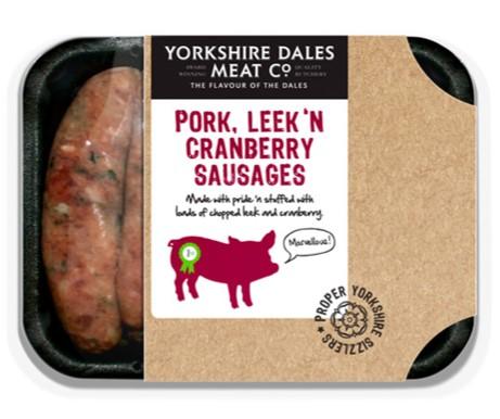 Yorkshire Dales Meat Company packaging of their Pork, Leek'n Cranberry Sausages