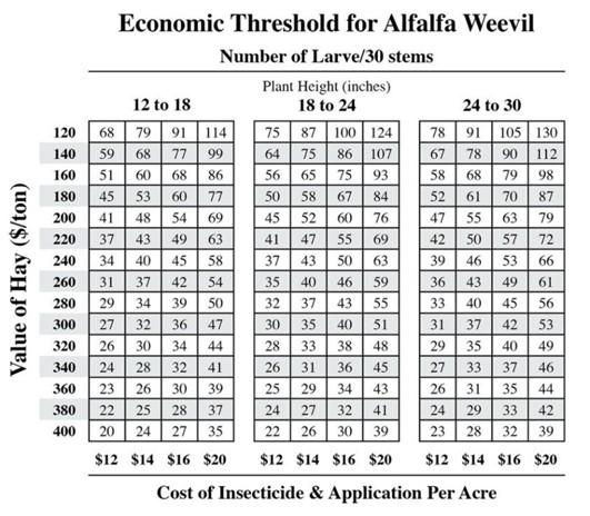 Economic Threshold for Alfalfa Weevil Chart
