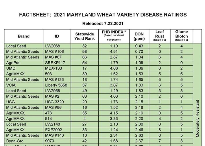 FACTSHEET 2021 MARYLAND WHEAT VARIETY DISEASE RATINGS